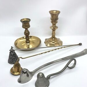 4 Vtg Brass Silver Plate, Pewter Candle Snuffers 2 Vtg Brass Candle Holders READ